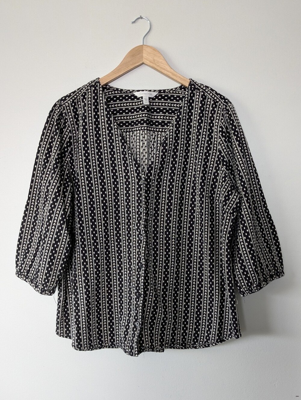 Garnet Hill XL Blouse Black Cream Dobby Weave Organic Cotton Button Up Top